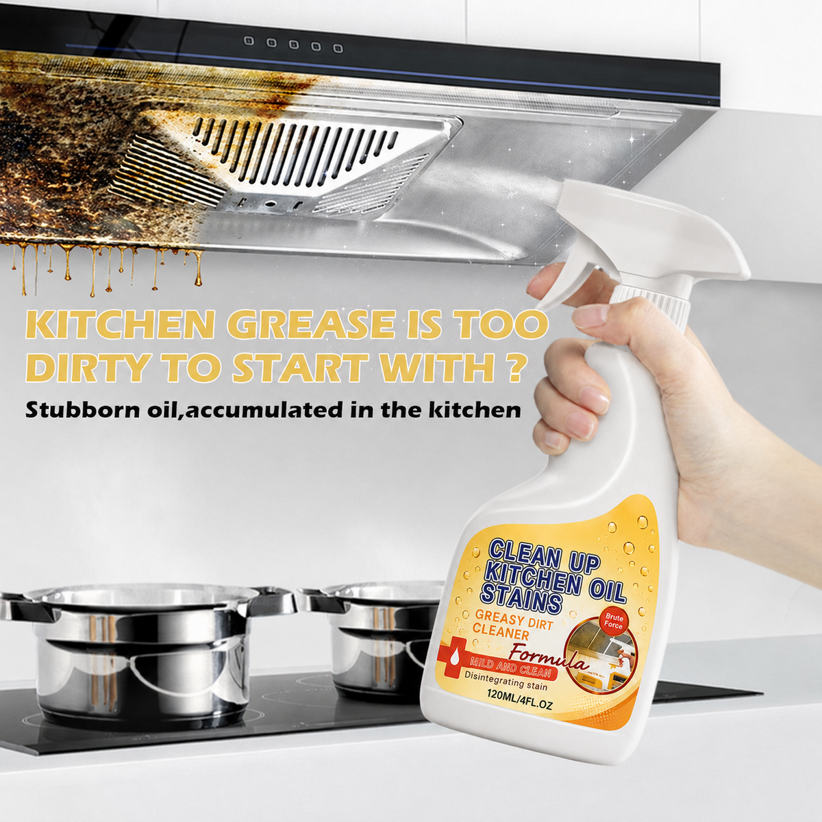 Multifunctional degreaser suitable for stovetops and range hoods; safe for daily use.