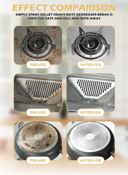 Multifunctional degreaser suitable for stovetops and range hoods; safe for daily use.