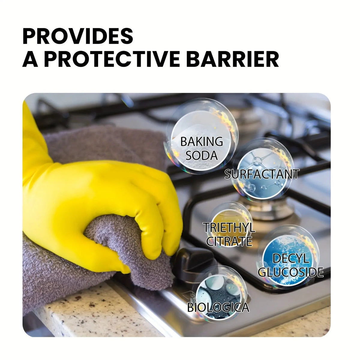 Multifunctional degreaser suitable for stovetops and range hoods; safe for daily use.